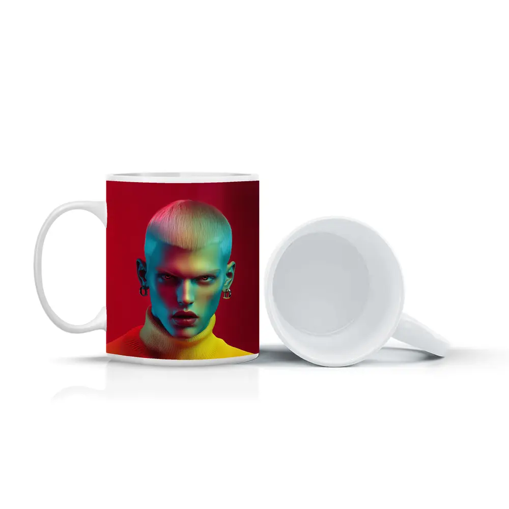 Neon Portrait Bold Fashion Red Background – Mugs