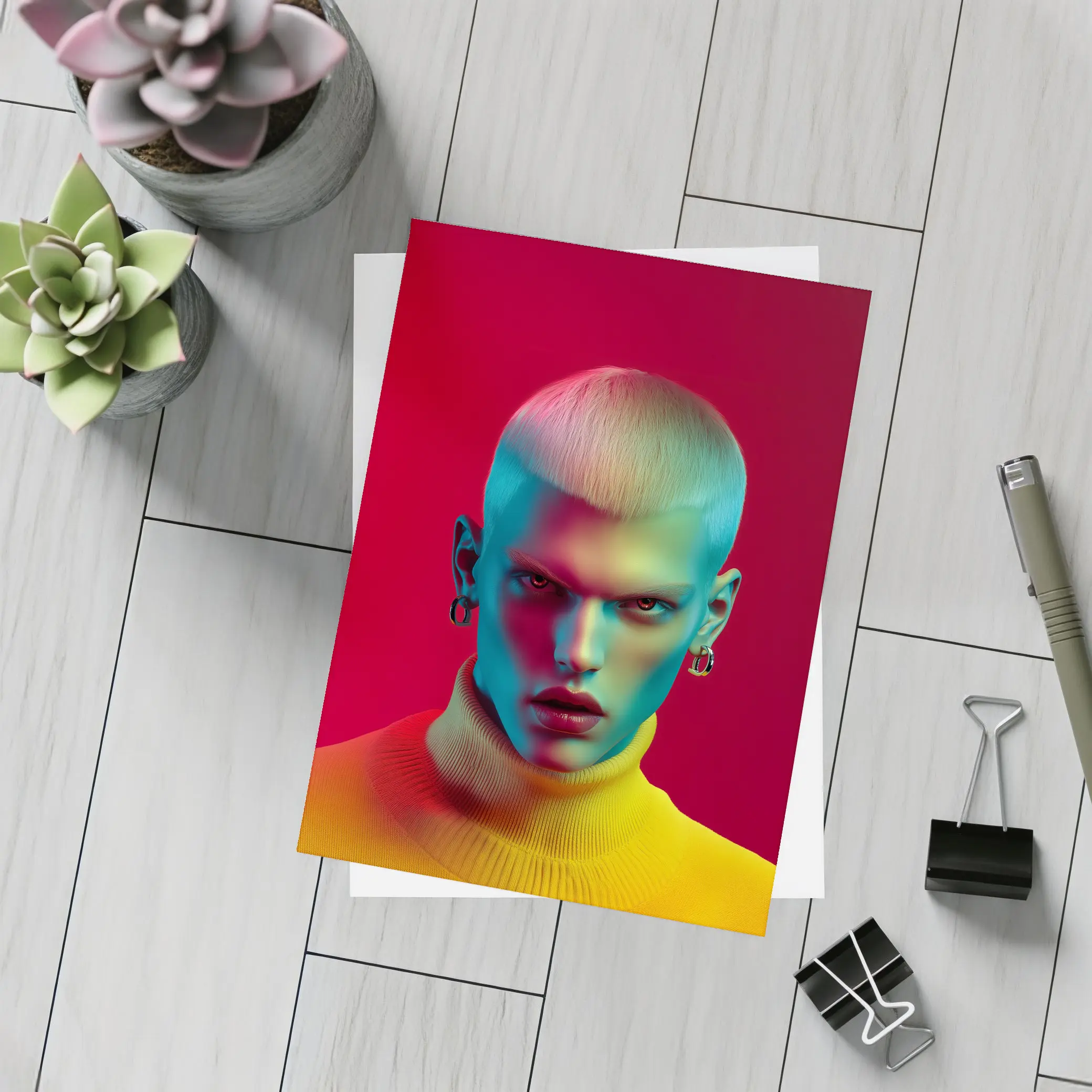 Neon Portrait Bold Fashion Red Background – Postcards