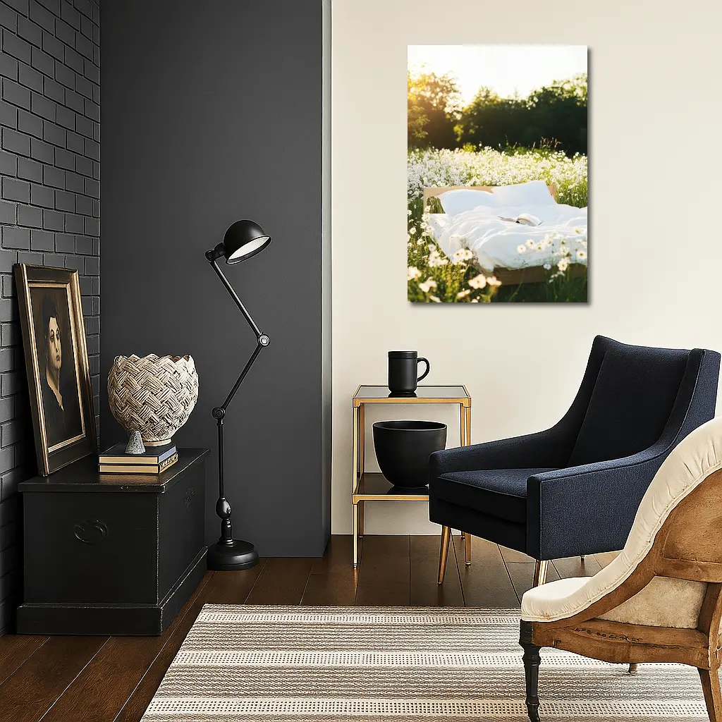 Cozy Bed In Sunny Daisy Field – Wall Art