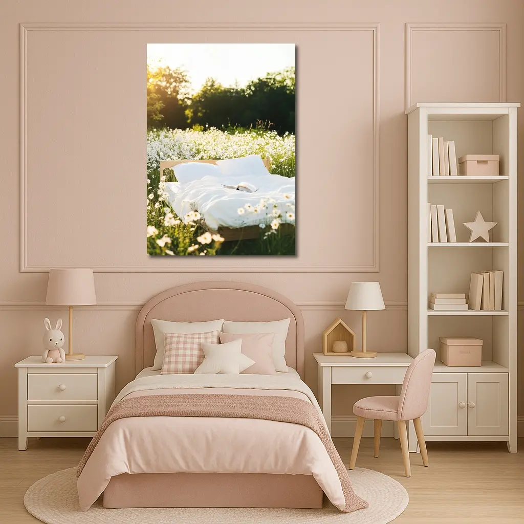 Cozy Bed In Sunny Daisy Field – Wall Art