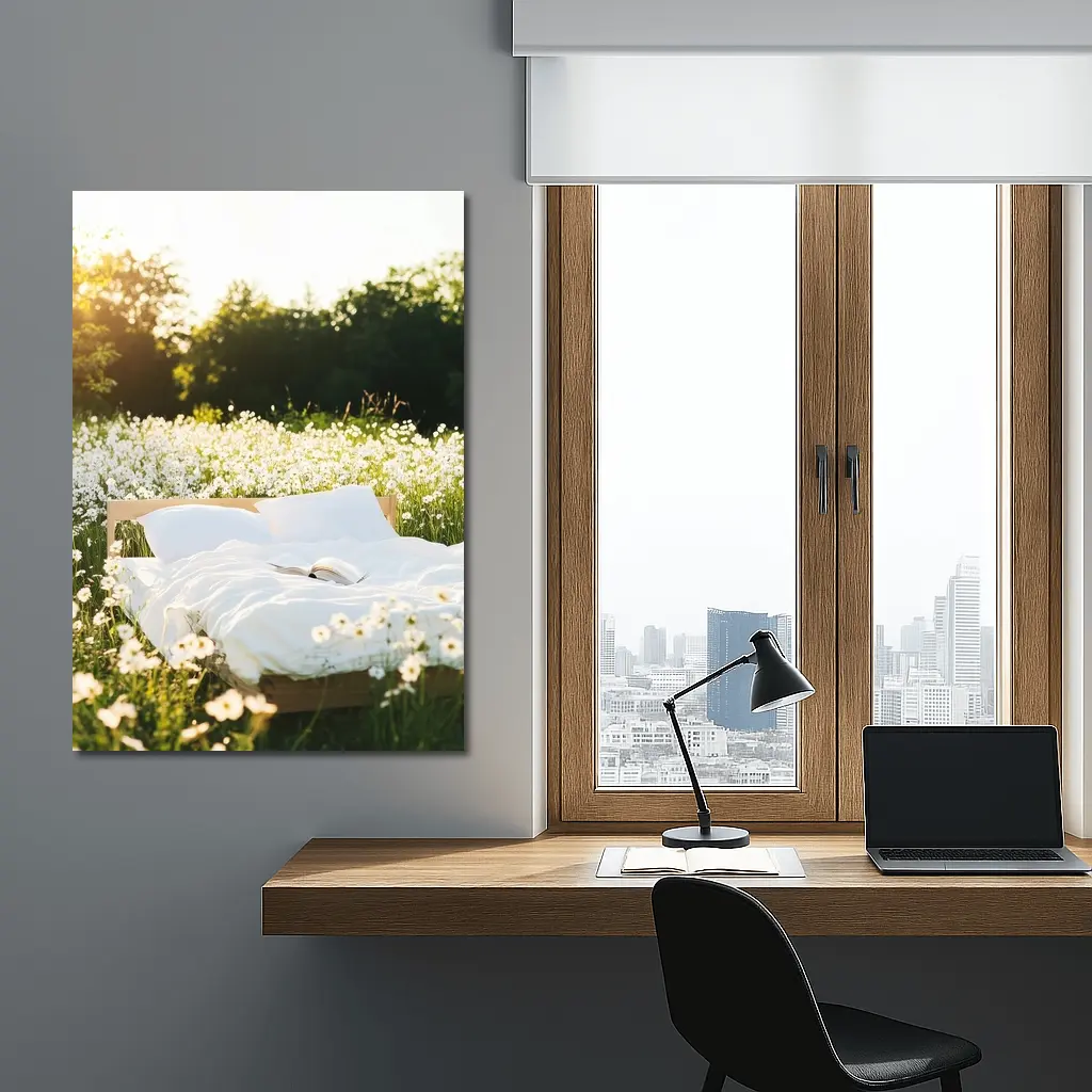 Cozy Bed In Sunny Daisy Field – Wall Art