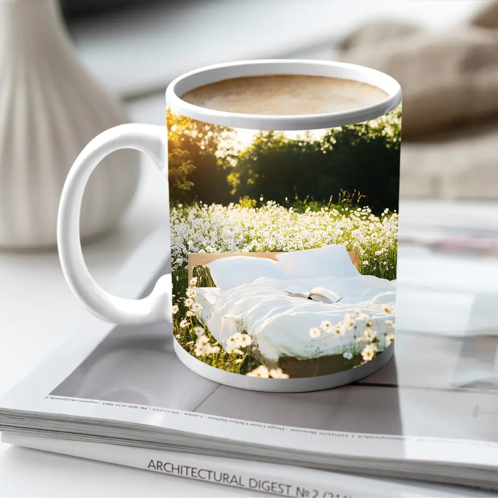 Cozy Bed In Sunny Daisy Field – Mugs