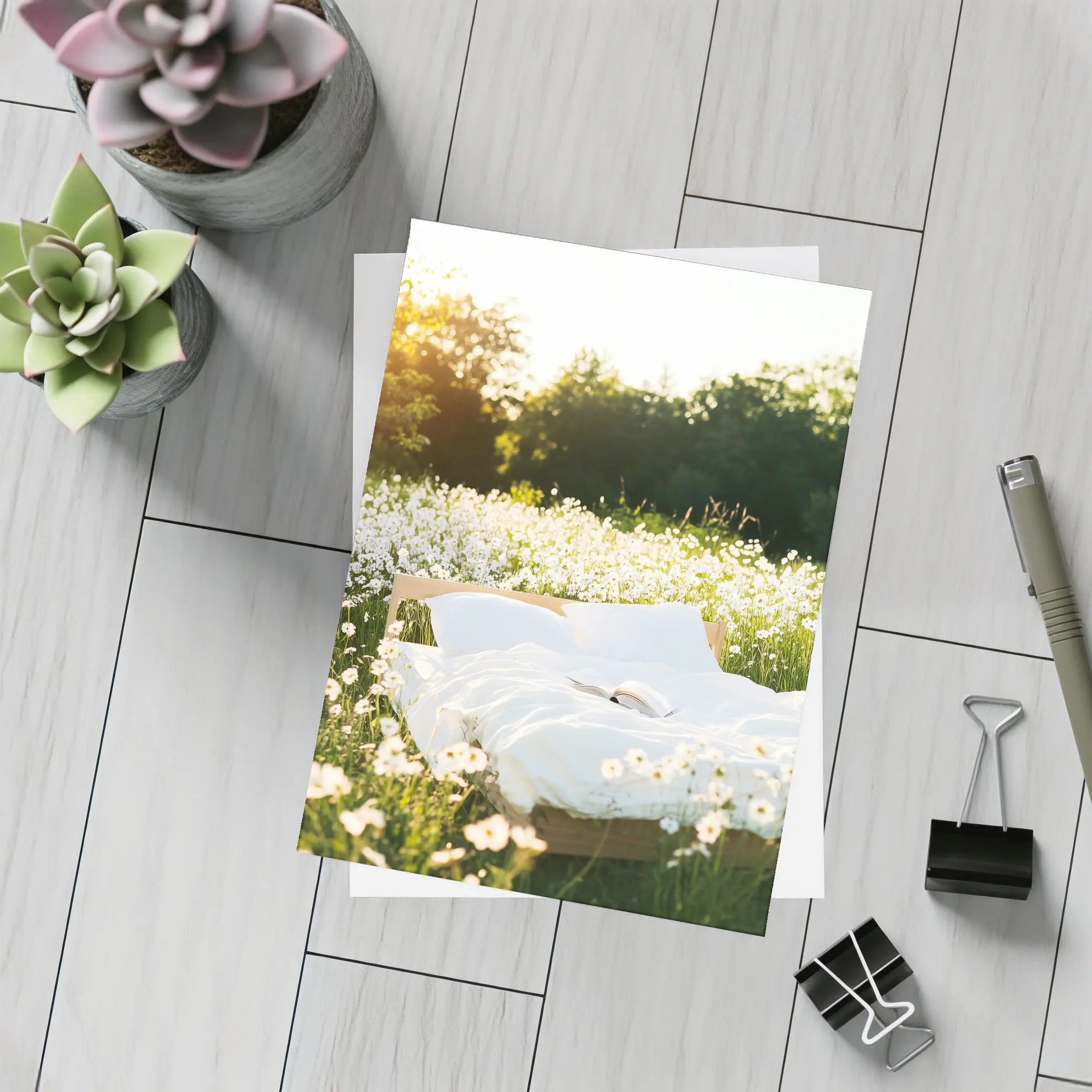 Cozy Bed In Sunny Daisy Field – Postcards