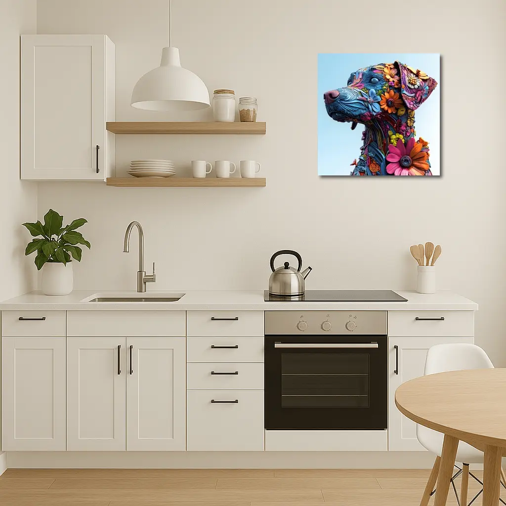 Floral Dog Sculpture Blue Sky Background – Wall Art