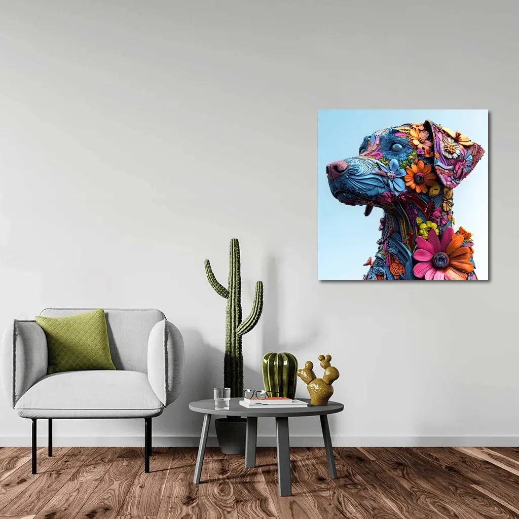 Floral Dog Sculpture Blue Sky Background – Wall Art
