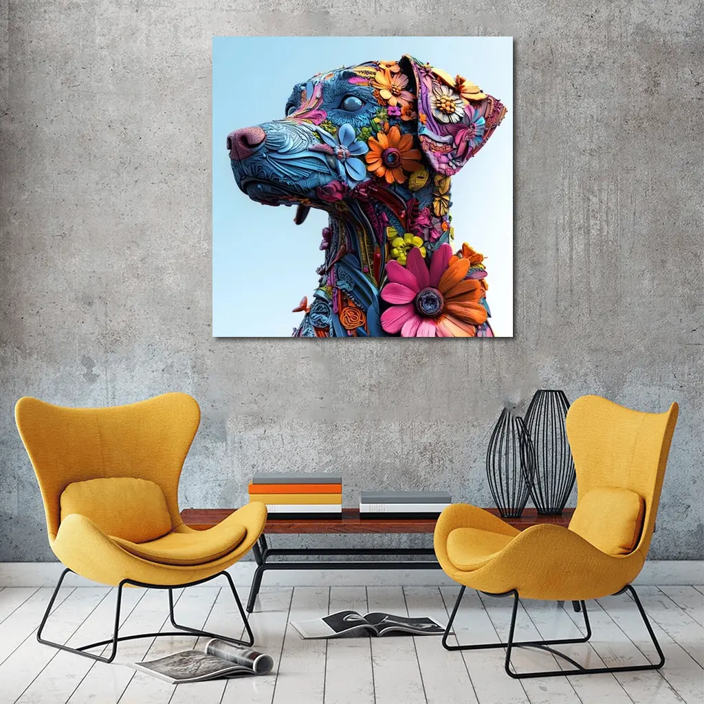 Floral Dog Sculpture Blue Sky Background – Wall Art