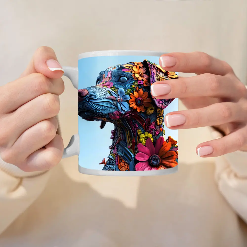 Floral Dog Sculpture Blue Sky Background – Mugs