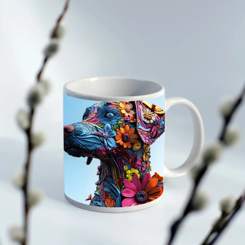 Floral Dog Sculpture Blue Sky Background – Mugs