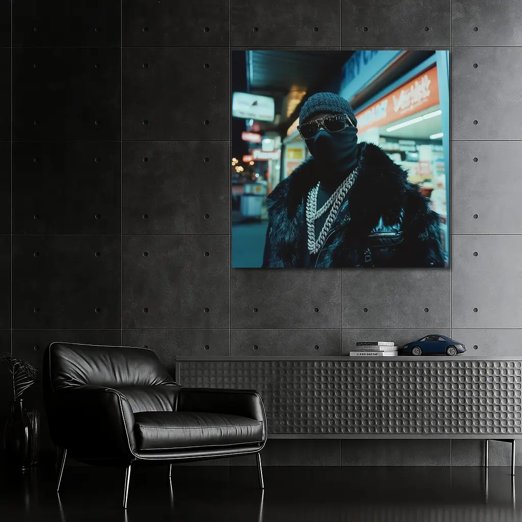 Masked Figure Night City Street Scene – Wall Art