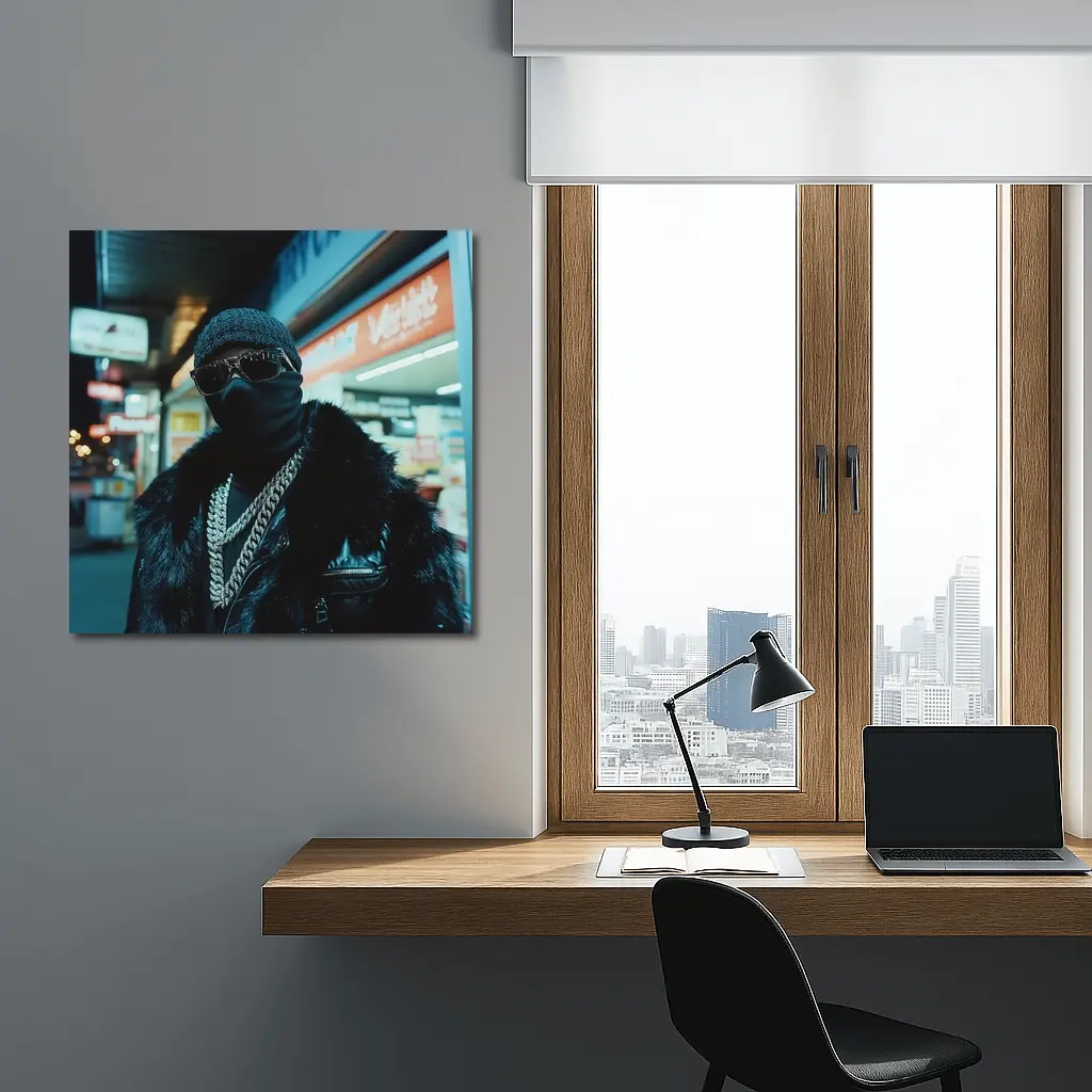 Masked Figure Night City Street Scene – Wall Art