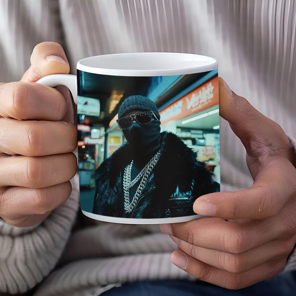 Masked Figure Night City Street Scene – Mugs