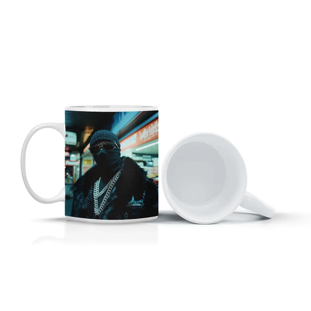 Masked Figure Night City Street Scene – Mugs