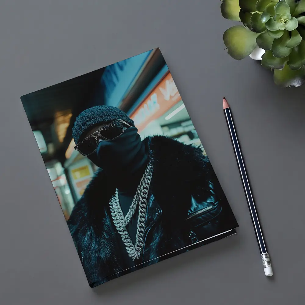 Masked Figure Night City Street Scene – Notebooks
