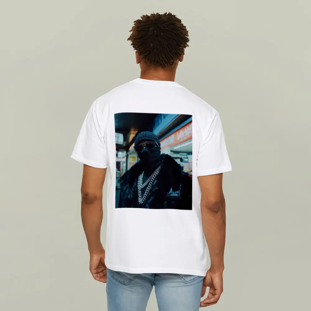 Masked Figure Night City Street Scene – T-Shirts