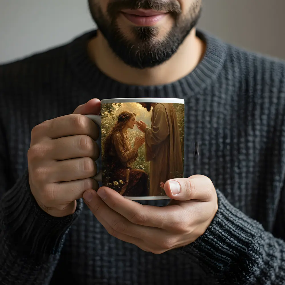 Jesus Blessing Woman in Garden Painting – Mugs