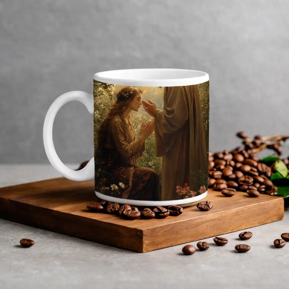 Jesus Blessing Woman in Garden Painting – Mugs