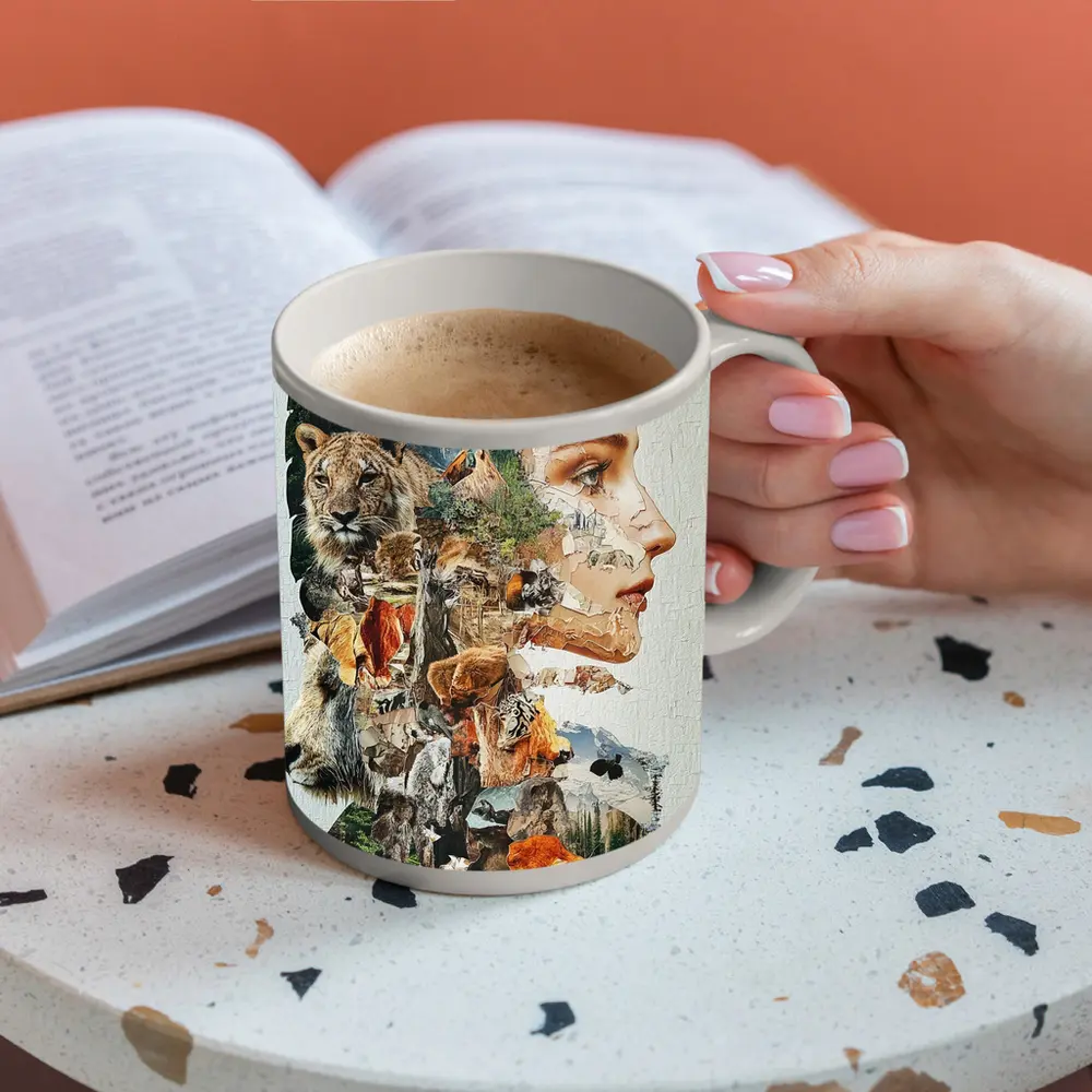 Woman Face Nature Wildlife Collage Art – Mugs