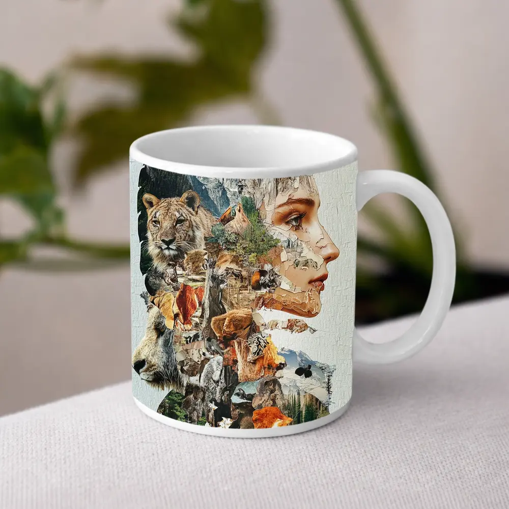 Woman Face Nature Wildlife Collage Art – Mugs