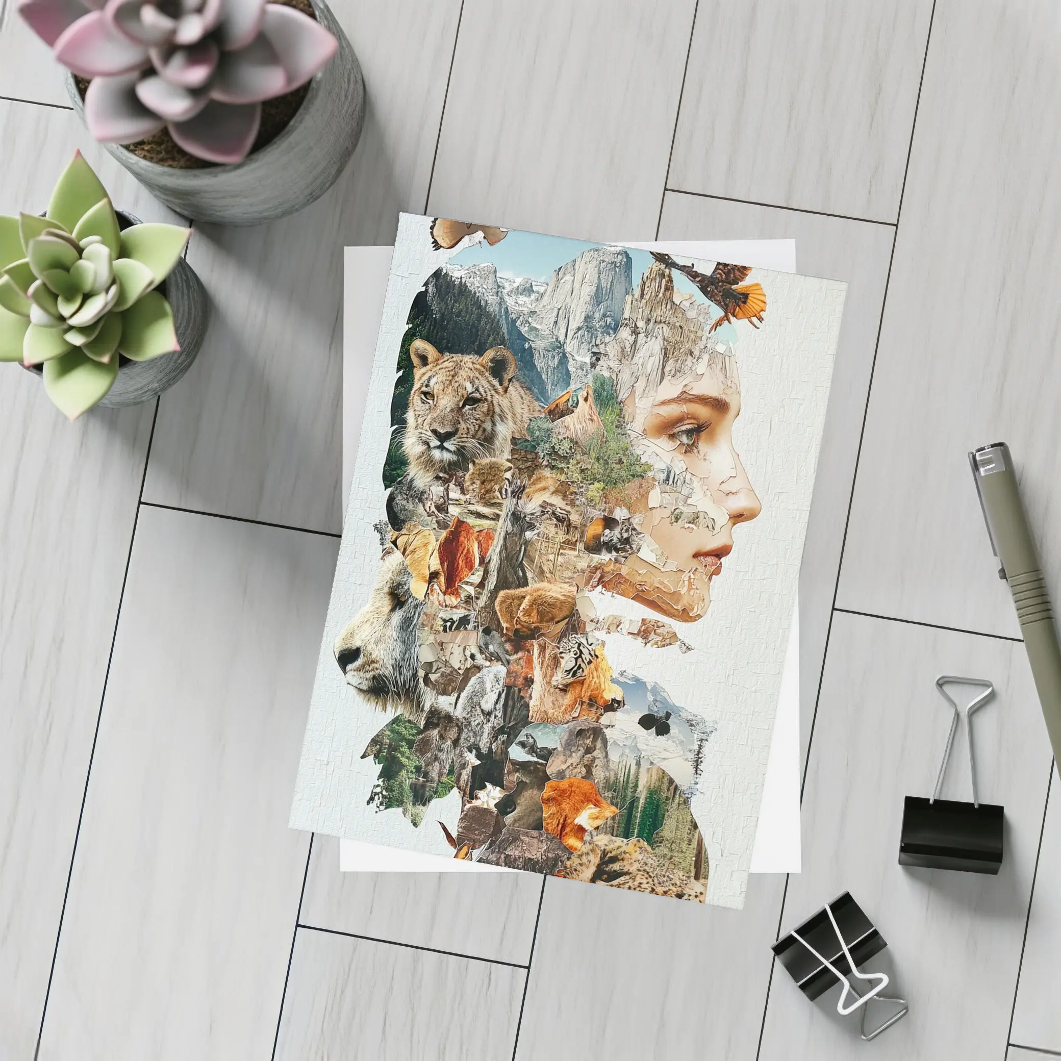 Woman Face Nature Wildlife Collage Art – Postcards