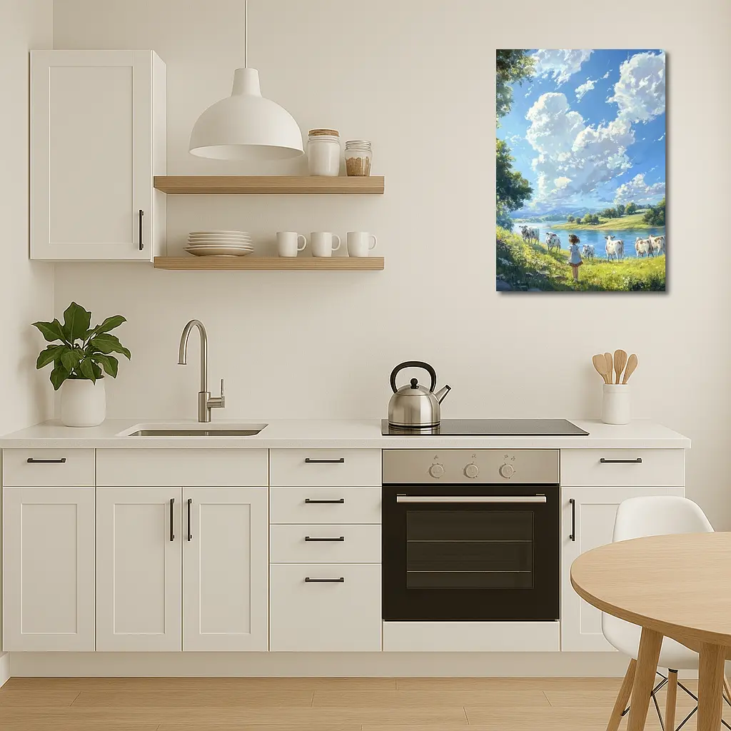 Anime Girl With Cows By River – Wall Art