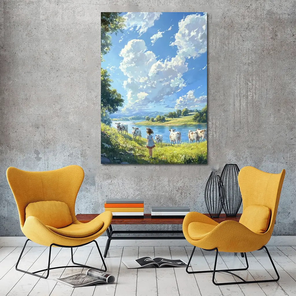 Anime Girl With Cows By River – Wall Art