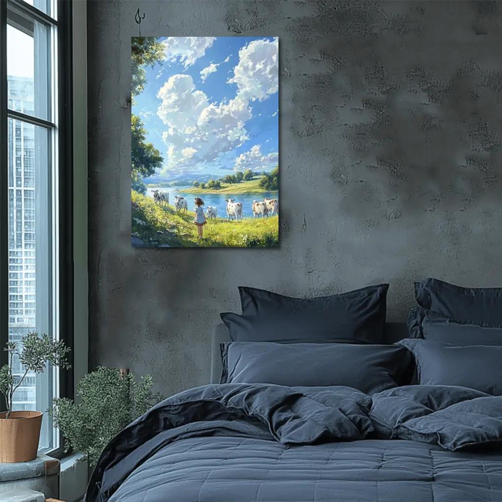 Anime Girl With Cows By River – Wall Art
