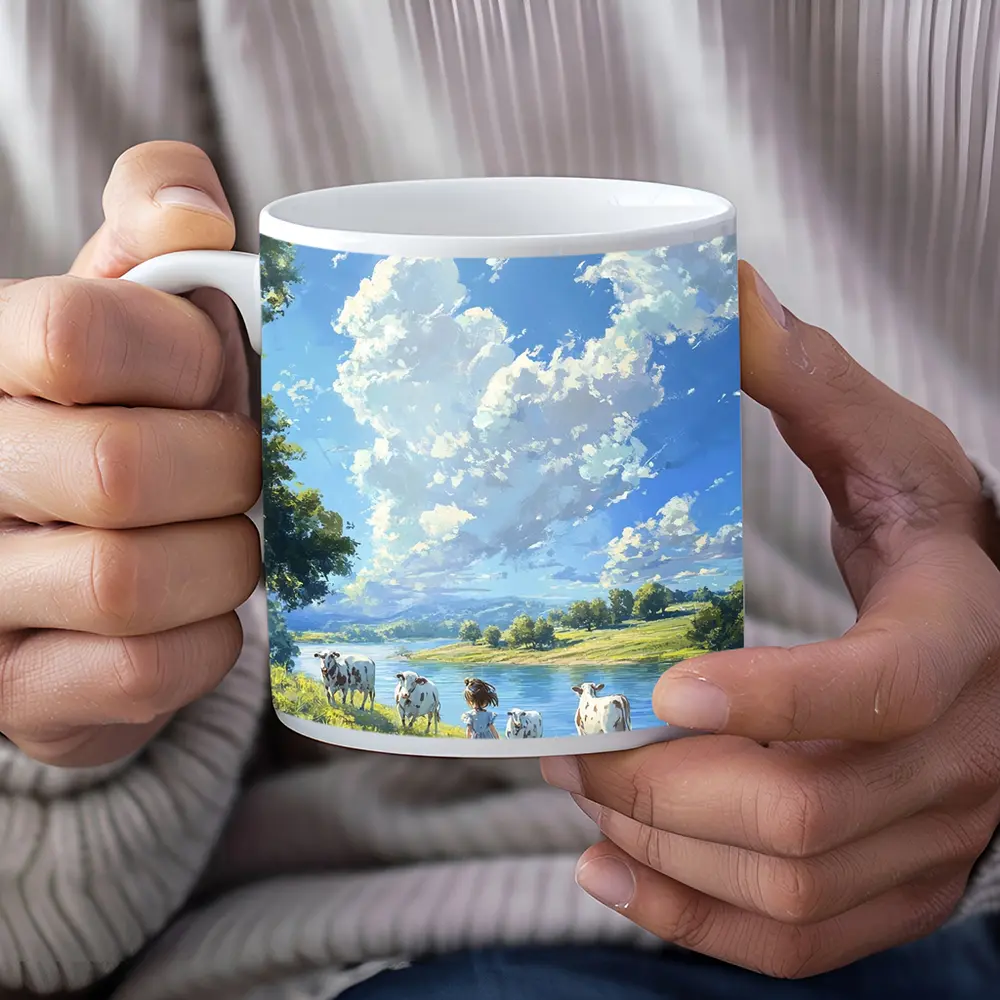 Anime Girl With Cows By River – Mugs