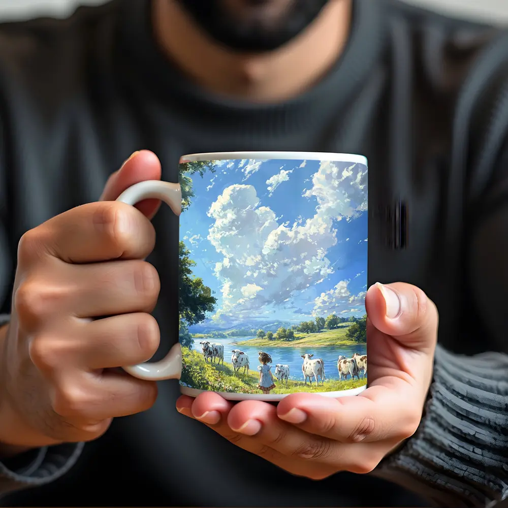 Anime Girl With Cows By River – Mugs