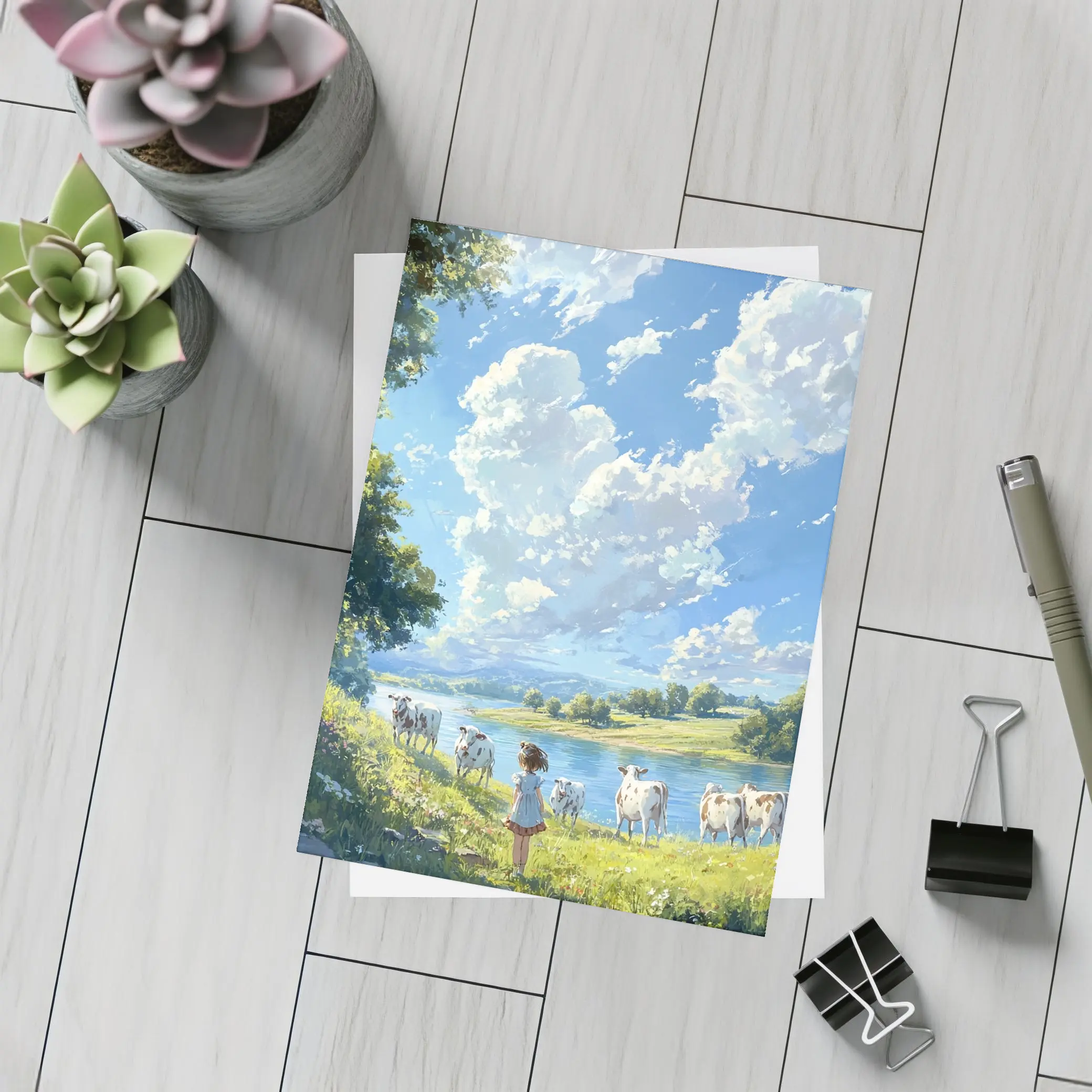 Anime Girl With Cows By River – Postcards
