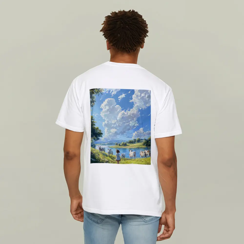 Anime Girl With Cows By River – T-Shirts
