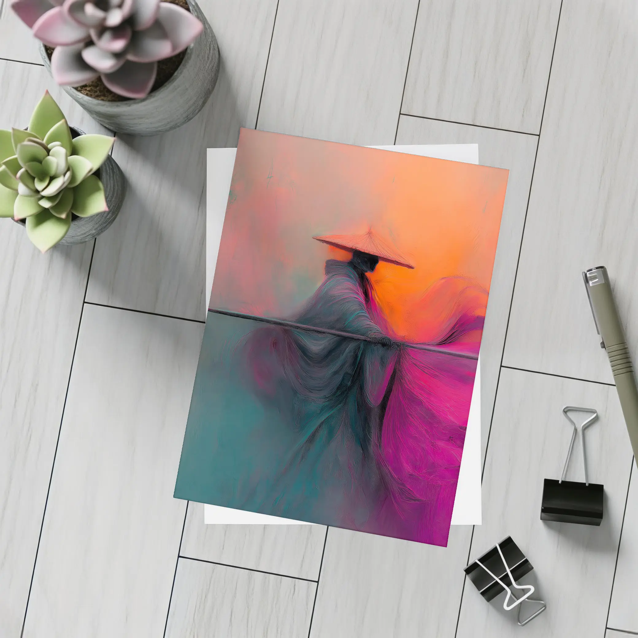 Samurai Warrior Abstract Painting Teal Orange – Postcards