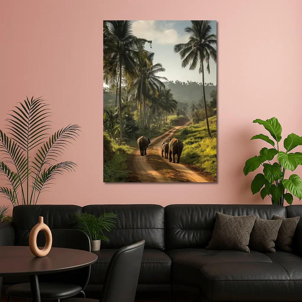 Two Elephants Walking Tropical Palm Road – Wall Art