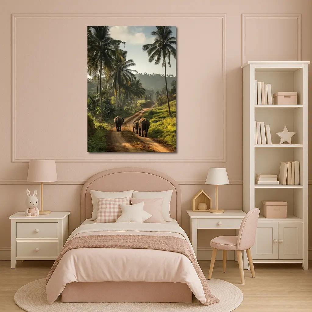 Two Elephants Walking Tropical Palm Road – Wall Art