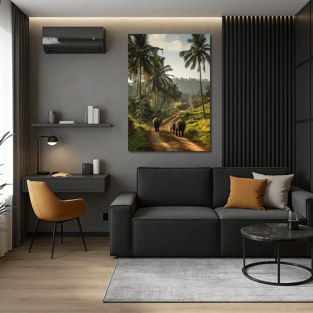 Two Elephants Walking Tropical Palm Road – Wall Art