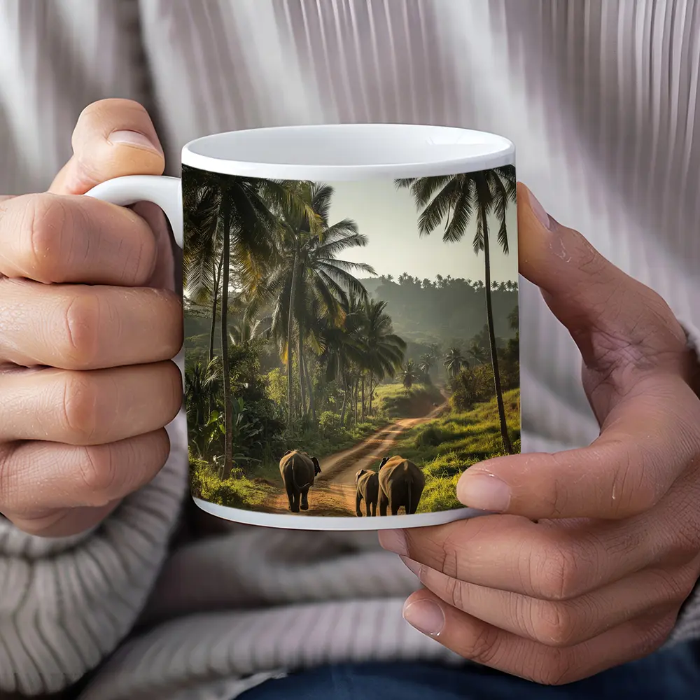 Two Elephants Walking Tropical Palm Road – Mugs
