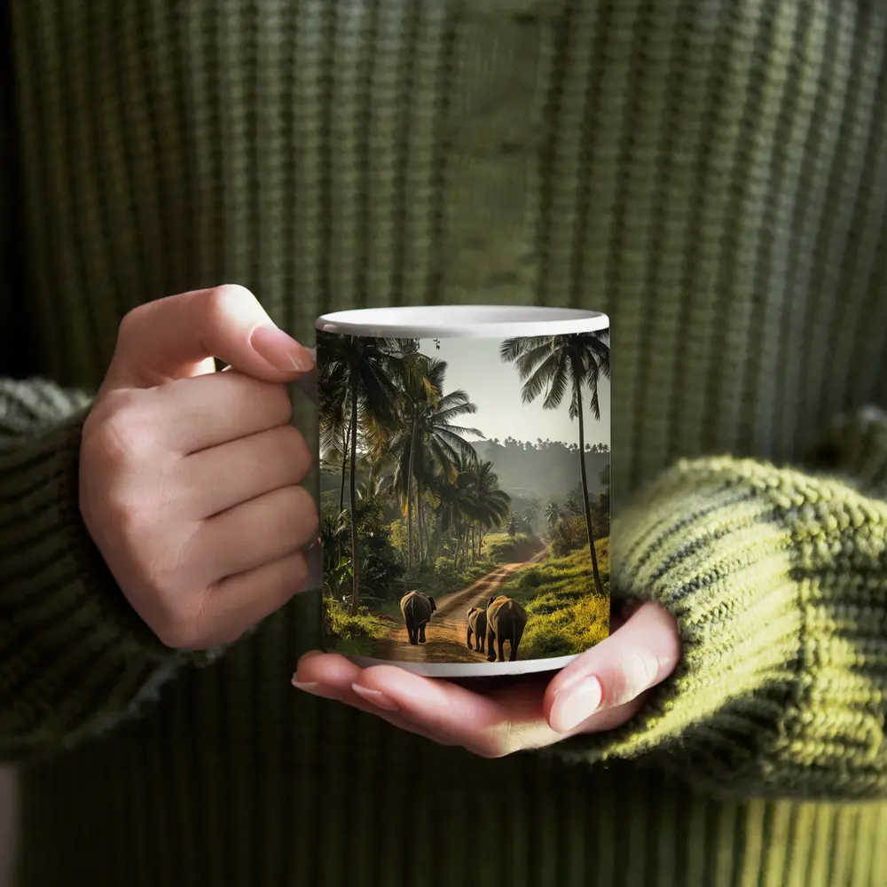 Two Elephants Walking Tropical Palm Road – Mugs