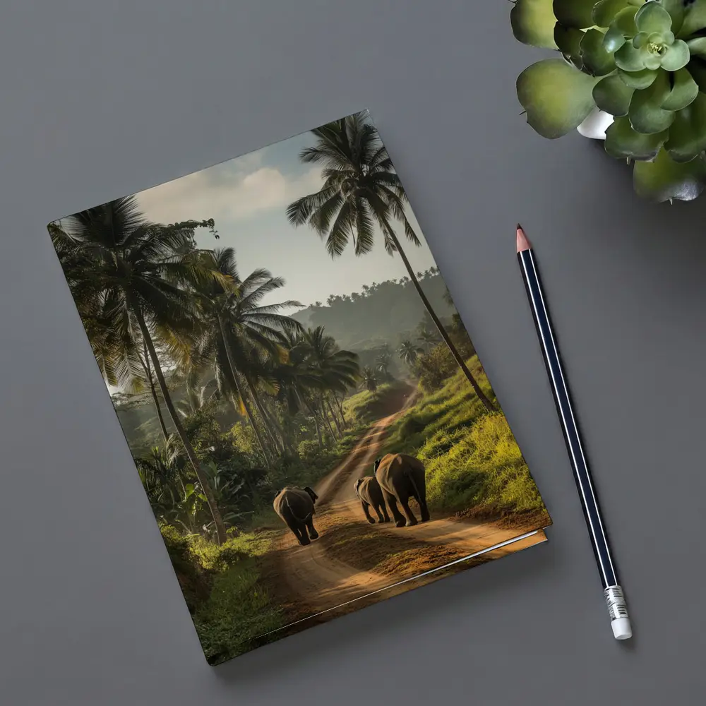 Two Elephants Walking Tropical Palm Road – Notebooks