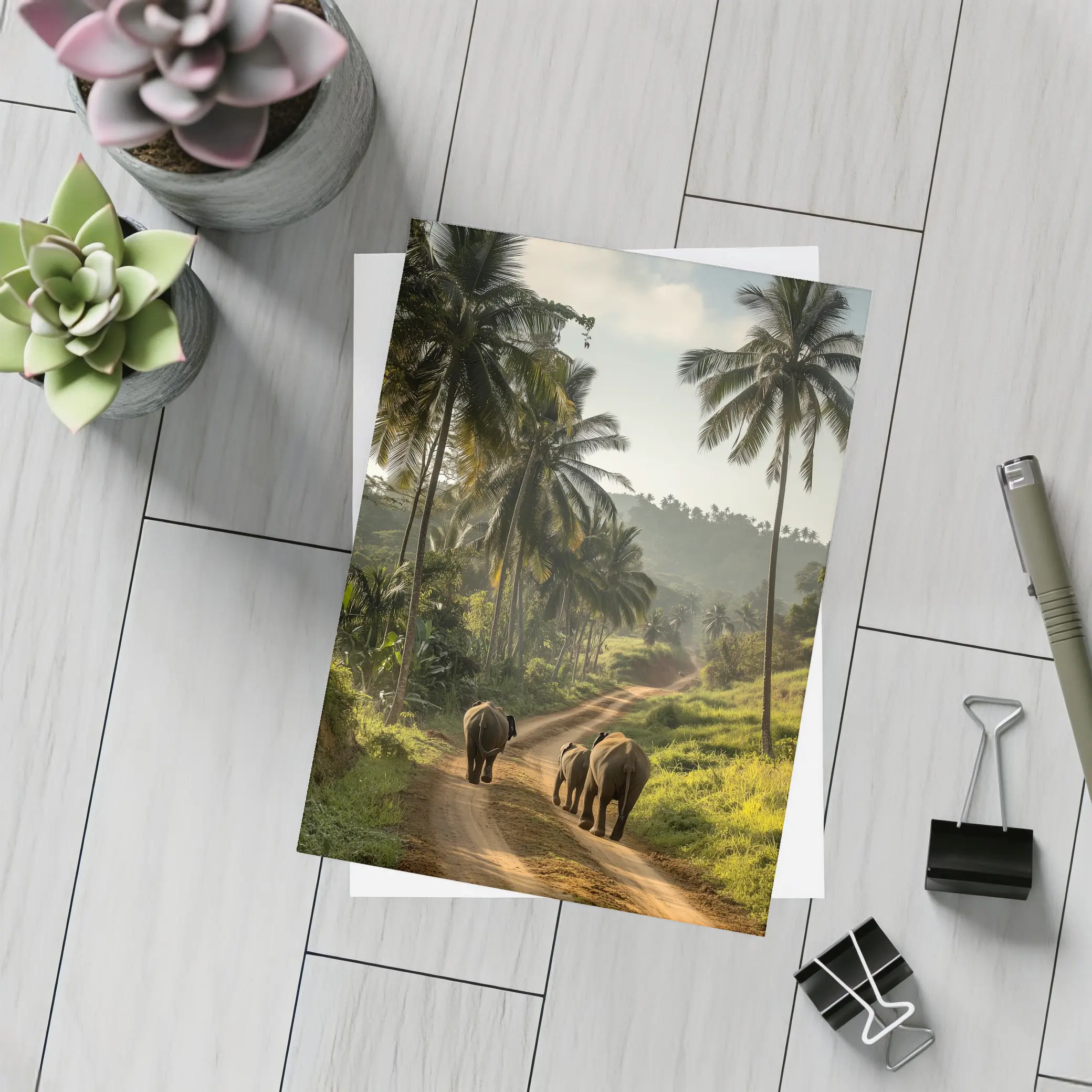 Two Elephants Walking Tropical Palm Road – Postcards