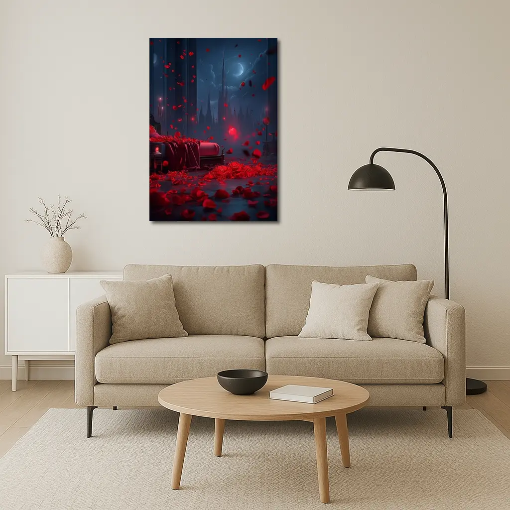 Red Rose Petals Falling Dark Gothic Night – Wall Art