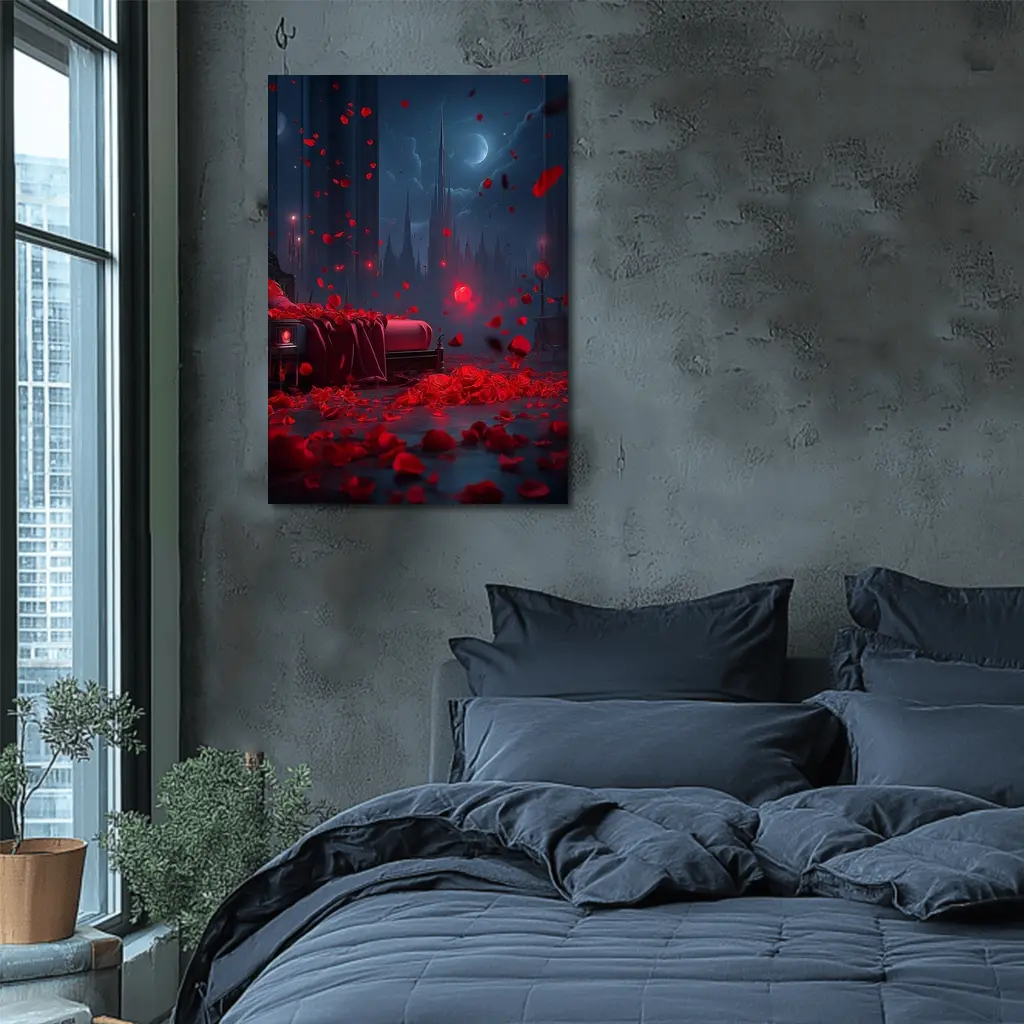 Red Rose Petals Falling Dark Gothic Night – Wall Art