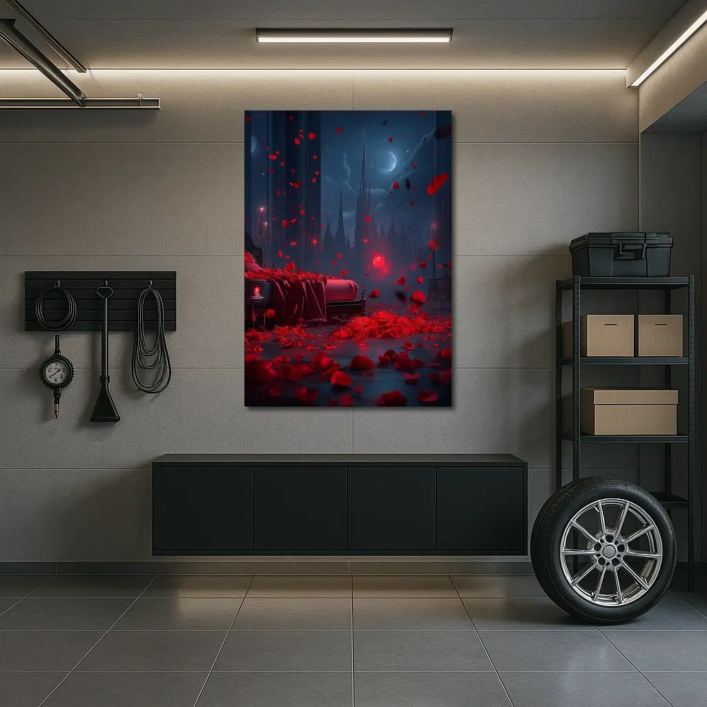 Red Rose Petals Falling Dark Gothic Night – Wall Art