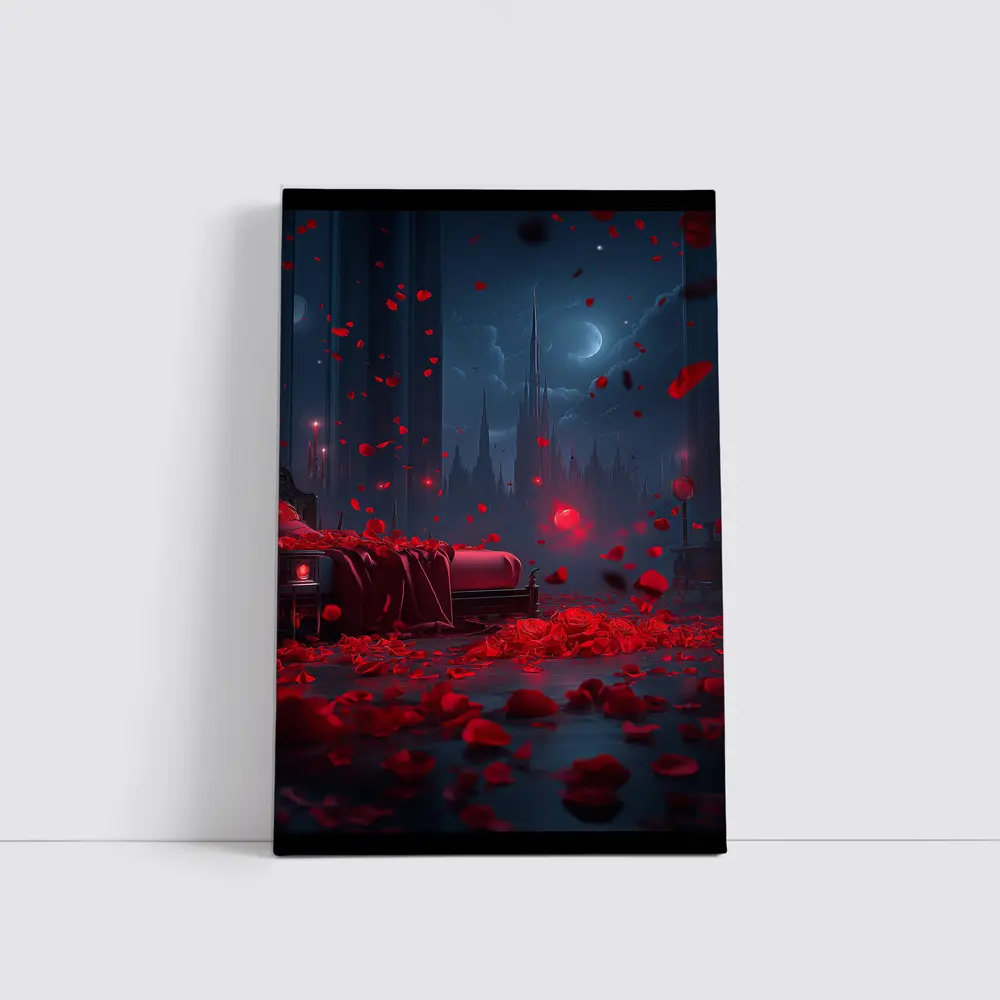 Red Rose Petals Falling Dark Gothic Night – Wall Art