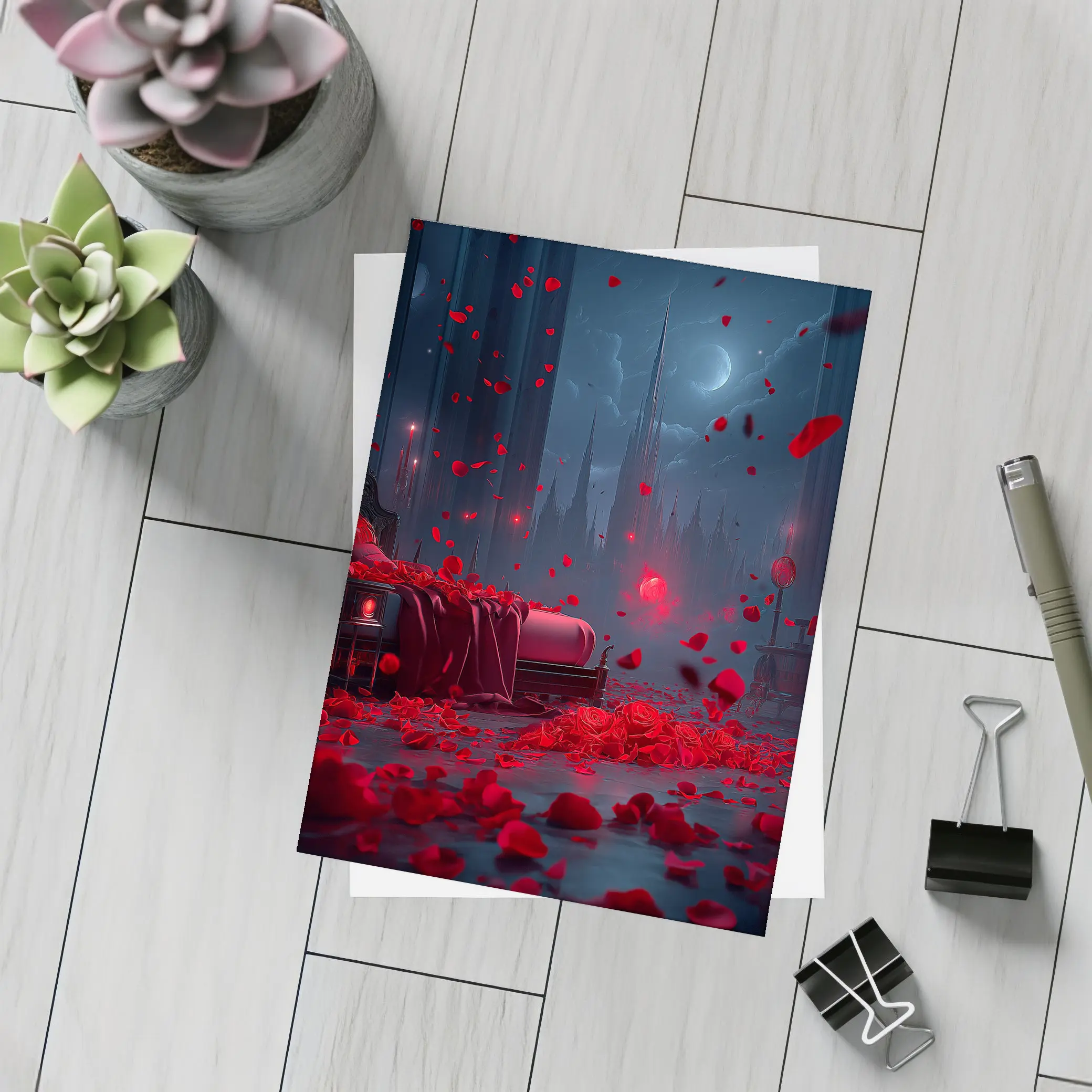 Red Rose Petals Falling Dark Gothic Night – Postcards