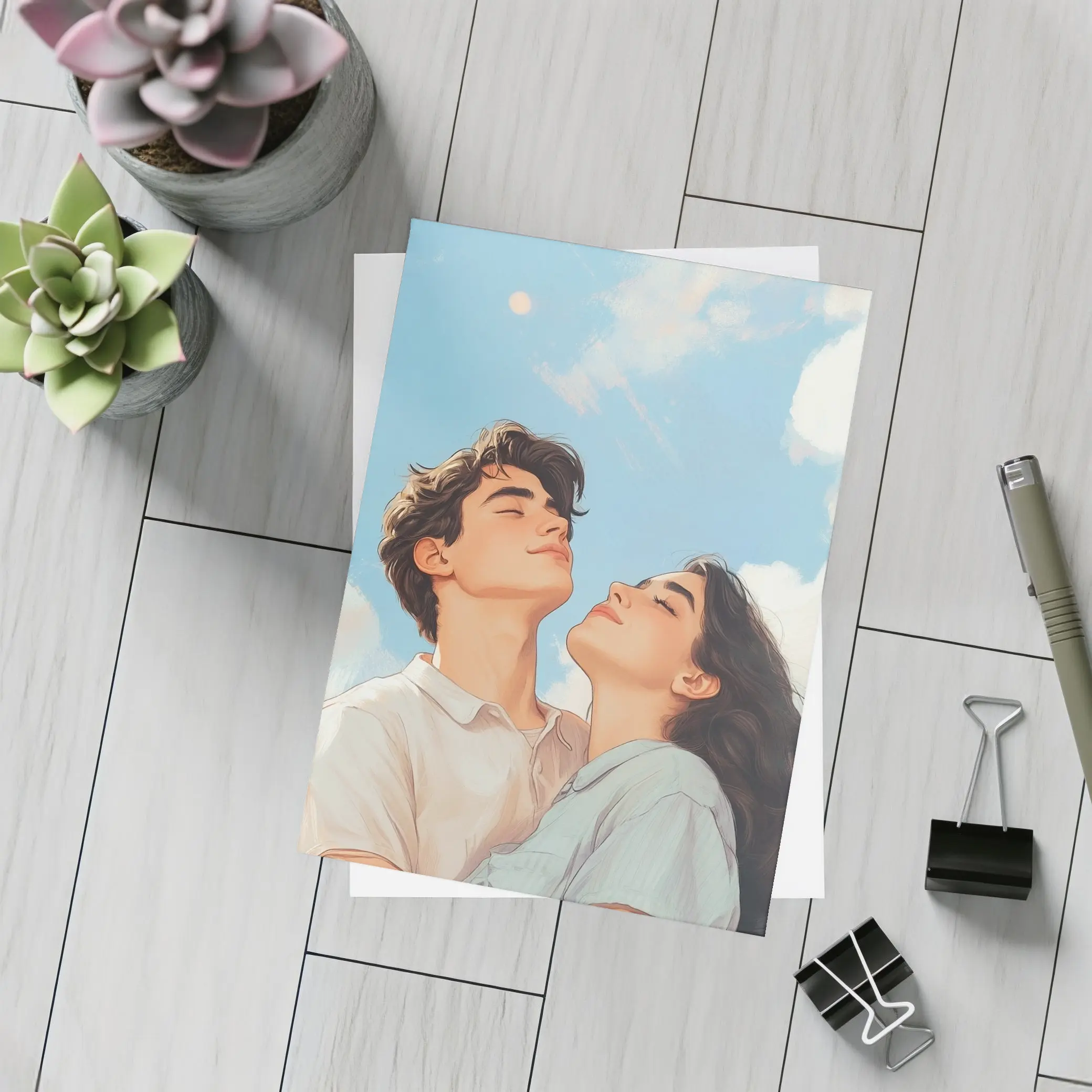 Couple Looking Up Blue Sky Art – Postcards