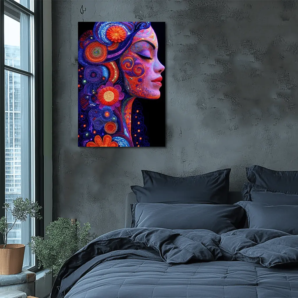 Colorful Dotwork Woman Profile Floral Art – Wall Art