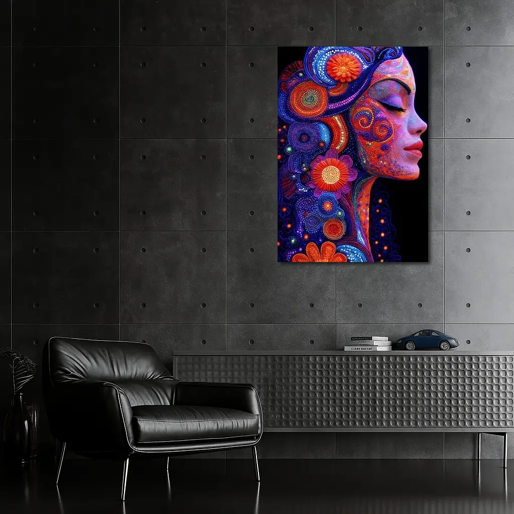 Colorful Dotwork Woman Profile Floral Art – Wall Art