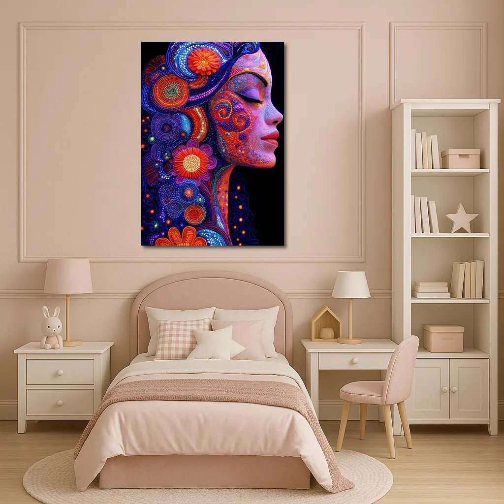Colorful Dotwork Woman Profile Floral Art – Wall Art