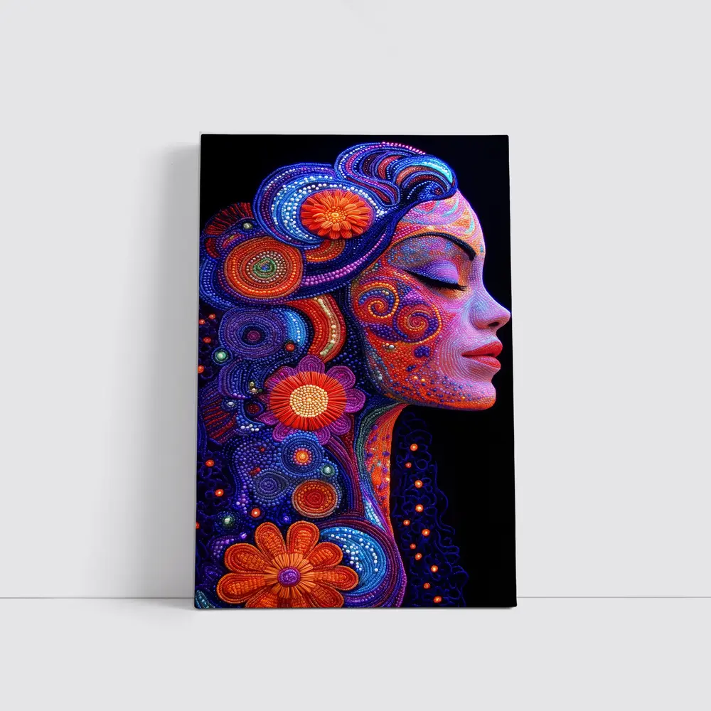 Colorful Dotwork Woman Profile Floral Art – Wall Art