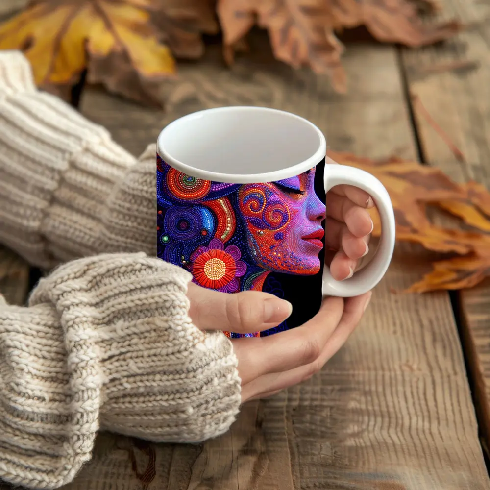 Colorful Dotwork Woman Profile Floral Art – Mugs