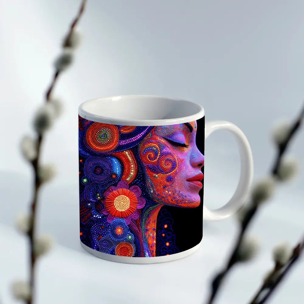 Colorful Dotwork Woman Profile Floral Art – Mugs